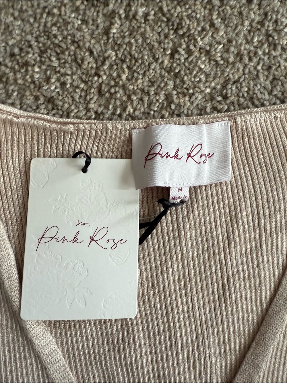 Pink Rose Ribbed V-Neck Button Tank - Cream - Picture 4 of 5